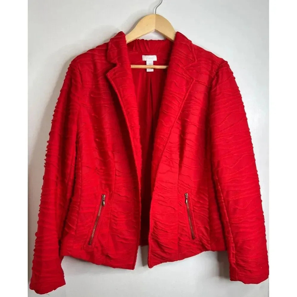 Chicos red blazer jacket open front textured zipper pockets career size Medium